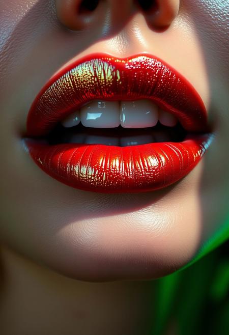 Vibrant,, great depth, ray tracing, professional photoshoot, glossy texture, green light,smooth finish,metallic finish, close up of Fashion model lips