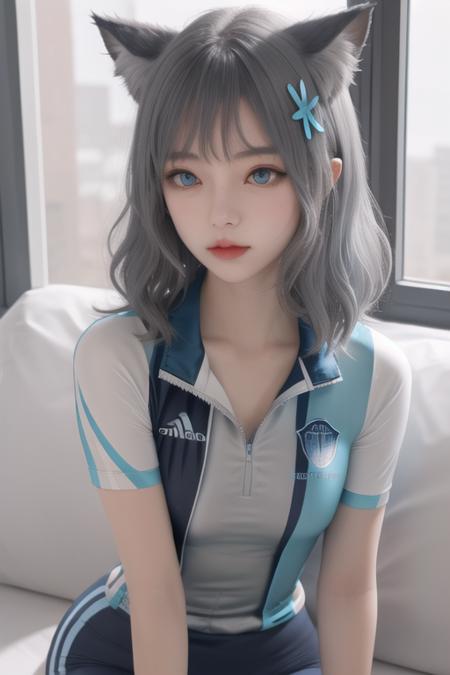 1girl,shiroko (blue archive),hair ornament,extra ears, medium hair,blue eyes, grey hair, cat ears, <lora:baizi_new_old:1>，(baizi_sportclothes)