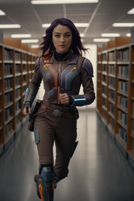 cinematic film still sabine wren, long hair, trotting at library, full body shot <lora:Sabine_Wren:0.8> . shallow depth of field, vignette, highly detailed, high budget Hollywood movie by spike lee, bokeh, cinemascope, moody, epic, gorgeous, film grain, grainy