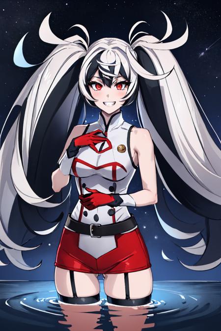 kcescortwater, white skin, twintails, red / blue eyes sleeveless, gloves, thighhighs