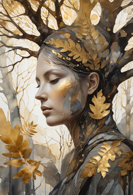 woodland creatures, ancient tree, golden light, abstract portrait, painterly textures, emotional ambiguity, fragmented identity, surreal realism, ink splashes, organic patterns, muted palette, soft grays and browns, contemplative figure, dreamlike space, expressive abstraction, ephemeral layering, symbolic presence, nature and self, warm ethereal light