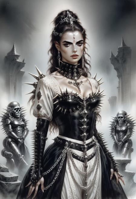 score_9, score_8_up, score_7_up, rating_safe, concept art, realistic, dark theme, low light, 1girl, solo, dvr-gs.
voluminous complex hairstyle, HAROQUE2.
Black leather Georgian gown dress. hud_sp1ked, chain, spikes, skirt, corset.
medieval castle ballroom.