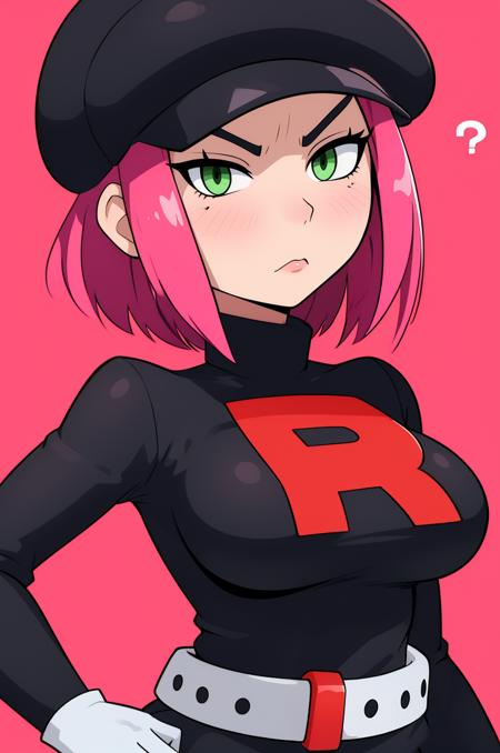 rcketgrunt,short hair,pink hair,green eyes,
black team rocket uniform,hat,belt,white gloves,black turtle neck,long sleeves,
solo,upper body,standing,serious,black miniskirt,red R,
secret base,
(insanely detailed, beautiful detailed face, masterpiece, best quality),<lora:RocketGrunt-10:0.8>,