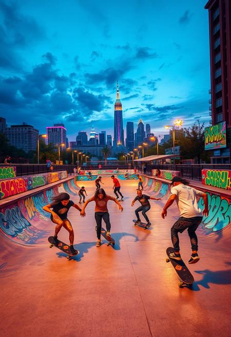 Colorful Urban Skatepark: A bustling skatepark at dusk, where graffiti-covered ramps and Art Deco-inspired railings set the scene. Skateboarders perform tricks, leaving abstract neon trails behind them. The city skyline looms in the background with photorealistic details, and street art murals add a dynamic, vivid pop art flair. Each skater is dressed in retro attire with tribal designs on their gear, celebrating urban culture, freedom, and movement in a beautifully chaotic and colorful setting.