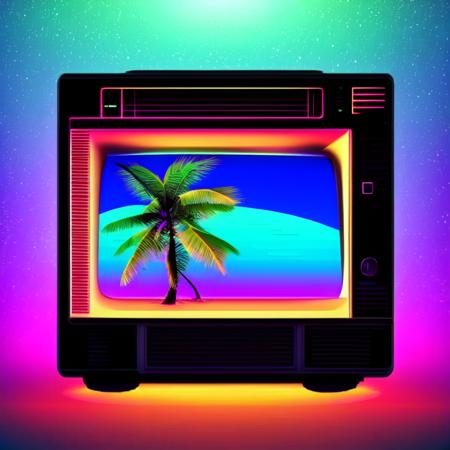 photo (retrowave style:1) an old television screen with a palm tree on the screen <lora:djzRetroWaveV21_LoraBooth:1>