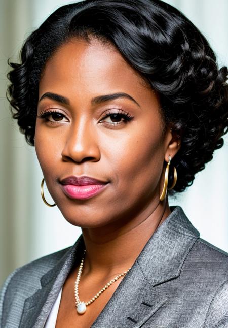 RAW photo, a close up portrait photo of black woman in formal clothes, Attorney General, upper body, US politician, government worker, official portrait, (photorealistic:1.4), detailed face, african, african-american, (high detailed skin:1.2), 8k uhd, dslr, soft lighting, high quality, film grain, Fujifilm XT3
