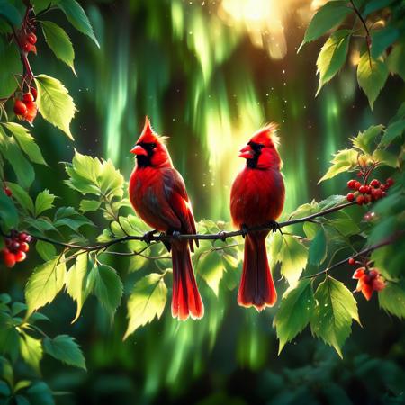 morph-aurora,dark, chiaroscuro, low-key, breathtaking masterpiece showcasing a gorgeous red Cardinal bird, crimson-crowned nymph,  bathed in soft, golden morning light, surrounded by vibrant bokeh green leaves that frame its delicate form. <lora:aurora_0_100_V1-000009:1>