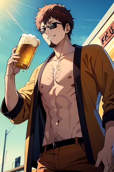 best_quality, masterpiece, 1man, brown_haori, brown_sport_pants, dark_glasses, short_hair, bare_belly, small_beard, holding_beer, (happy_face:1.3), <lora:Taizou_Hasegawa_MADAO:1>,