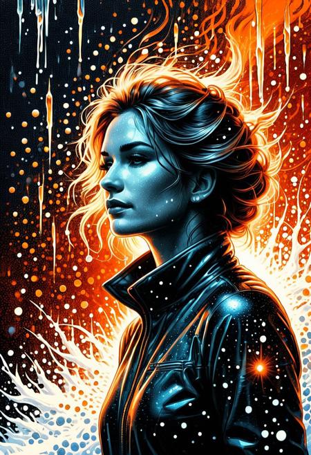 Silhouette Art, breathtaking detailed, masterpiece, lovely, charming, awe-inspiring, radiant, magnificent. (all dark hues and fine vibrant orange glowing smoldering accent and shiny gold color scheme:1.02). glossy.
<lora:InkArtXL_1.2:0.4> <lora:FaeTastic:0.35> . award-winning, professional, highly detailed . extremely high-resolution details, photographic, realism pushed to extreme, fine texture, incredibly lifelike, high contrast, well defined .
Silhouette, Pointillism multicolored pin point clumped needle thin dots grainy collage stencil texture style, Angled slanted 2 point perspective visual depth back shot pointillism gust white snow pointillism dot particles partially covering woman, cyan pointillism water dots dripping down smaller dot circles ceiling pointillism dot white icicles, orange glow emanating, wind gust snow dots pointillism white wind patterns, capturing motion, semi-realistic Minimalist vector illustration, futuristic, sharp angular designs, bold red background, intense expression, modern urban style, clean lines, high contrast between black, white, and red, sleek futuristic aesthetics.