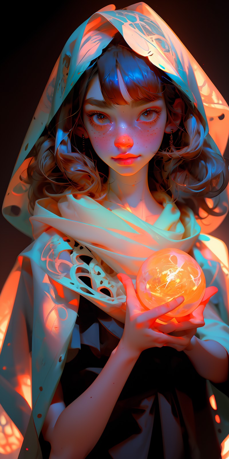 (masterpiece, best quality), 1girl, shawl, freckles, holding orb, intricate, upper body, bangs,