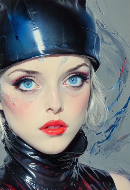 (highly detailed, perfect anatomy, HD, highresolution, masterpiece) This is a color pencil drawing using both soft and hard pencils, rendered in a minimalist style. It features a close-up, upper-body portrait of a woman wearing a tight black ski cap that fully covers her head, exposing only her vibrant blue eyes and thick, heavily enhanced red lips, shaped by noticeable lip fillers. Her eyes are framed with definite, well-drawn eyelashes, detailed with heavy mascara and bold eyemakeup that extends sharply at the edges. She wears a glossy, sleeveless black latex top that reflects subtle highlights and tightly hugs her figure. The background consists of abstract impressionistic streaks and shapes in muted blues, greys, and faded reds, providing a textured, atmospheric contrast to the sharp clarity of the woman’s features. The use of precise linework and soft shading techniques enhances the richness and realism of the portrait, capturing every detail with exceptional depth and accuracy.