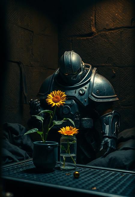 in the grim darkness of the far future there is only war.
but one single UltraM40k boy stands in his small dark room and waters his tiny Sunflower on the metal table next to his black bedroll. cold dimm light illuminates the trist room and his grim but somehow happy look. his power armor is clean and shows every detail and every crack and bullet hole from the fights he has barely won. sharp shadows empowering the contrast of the low angle shot,. Shot with a full-frame DSLR, 85mm lens at f/1.8 for shallow depth of field, ISO 400, 1/100 shutter speed. Cold dimm light enhanced with slight post-processing contrast boost and neutral tone grading. balancing sci-fi horror with dark fantasy. dark gothic warhammer30k theme.