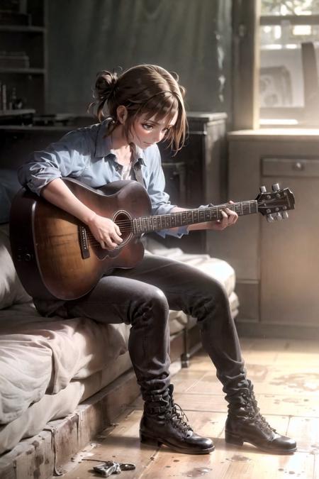 ellie from last of us playing guitar in a dark, Stable Diffusion