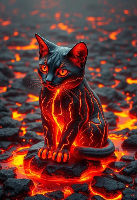 "Create a photorealistic image of a cat made from molten lava, with fissures on its body glowing with an intense, fiery light. Magma drips from its paws and tail, as if the cat is slowly melting into the surrounding lava. The cat sits on an island of cooled lava rock, surrounded by a vast expanse of bubbling, molten lava. The eyes are radiant and gorgeous, with a beautiful pattern of glowing embers and molten rock swirling around them, creating a sense of depth and dimension. The overall effect is one of breathtaking, fiery wonder, as if the cat is a living, breathing embodiment of volcanic energy. The image should capture the intricate details of the molten lava, with a sense of movement and flow." Highest-Quality, 4k, intricate details, visually stunning, Masterpiece