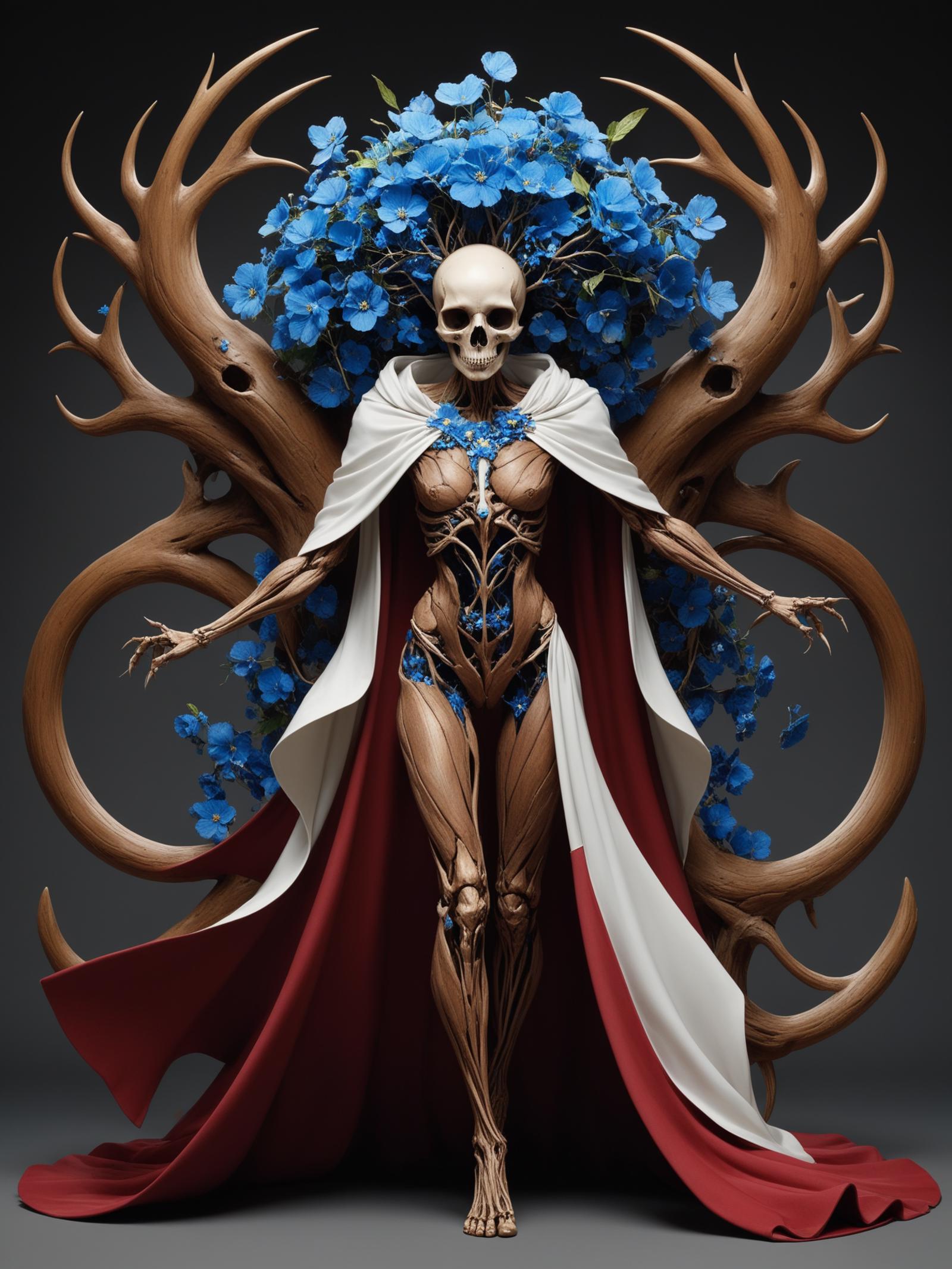 A skeleton wearing a red and white dress with a blue flower tree in the background.