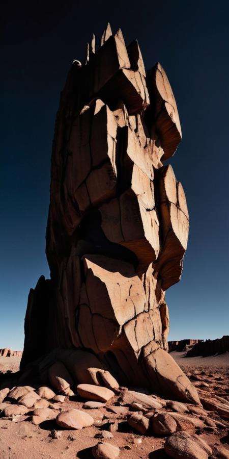 Surrealistic professionnal photography of a alien rocky landscape, gigantic black brutalist monolith, crevices, fissures, spikes, black sky, eerie, masterpiece, rough edges, extra detailed, film grain, award winning art, excellent quality <lora:xl_more_art-full_v1:0.4>