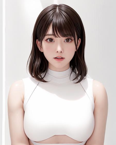 best quality, photorealistic, 8k, high res, 1girl, woman, (skindentation), (portrait:0.6), gorgeous, ((whitebackground:3)), ((sleeveless white tshirt, smallsize round breast:1.9)), straight-looking at viewer:1.8, (1girl eyes looking at viewer, short-length hair,  brownhair, partedbangs:1.65), photorealistic, (bokeh), (closed mouth:1.96), gorgeous, pureerosface_v1,  <lora:AVID-mirai:0.55>