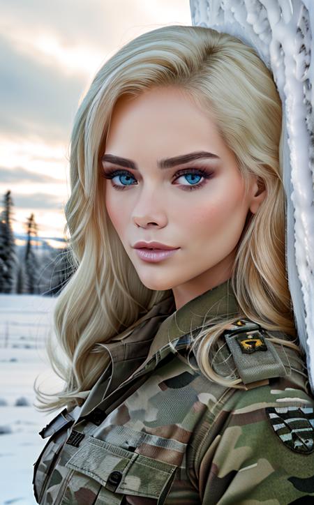 beautiful Elsa Jeans  posing as an army officer, photo referenced, highest quality, high quality, (detailed face and eyes), dusk lighting, high boots, strong makeup, industrial, outdoor snow forest background <lora:Elsa Jeans:0.9> close up