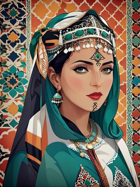 1woman, a poster by Maryam Hashemi, behance contest winner, moroccan art, poster art, digital illustration, <lora:UshamXL:1.2>, moroccan pattern background,