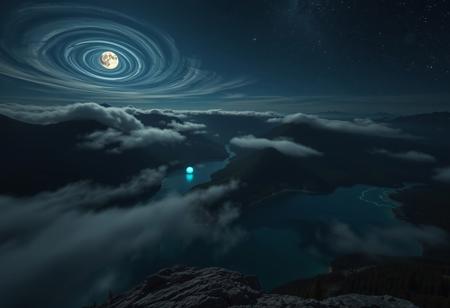 POV, on top of a mountain, looking down from mountain top, geological basin at the base of mountain, rivers leading to basin from mountains, basin surrounded by mountains, shore line, trees, clear blue water, swirling clouds, cloud streams, mist over basin, at night, dark, moon, moon light, glowing orbs in air around basin, glowing orbs under water surface, stars, night sky, nebula, 3 moons in sky,