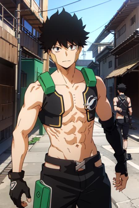 yo shindo, black hair, black eyes, spiky hair, gloves, boots, midriff, pants, crop top, headgear,