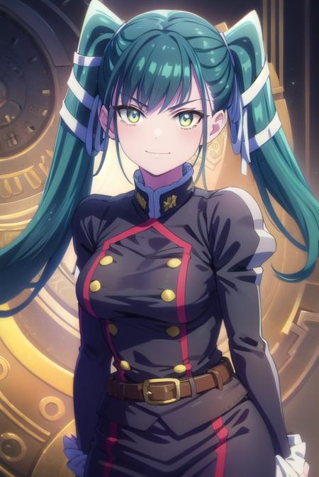 yachiho azuma, long hair, twintails, hair ribbon, aqua hair, (yellow eyes:1.3), thighhighs, gloves, jewelry, earrings, boots, shorts, belt, uniform, military, military uniform, thigh boots, epaulettes, black military uniform,