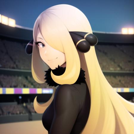 <lora:character_pokemon_cynthia_v4:1> cynthia \(pokemon\), (stadium, crowd, night:1.2), 1girl, solo, portrait, straight-on, from side, hair over one eye, looking at viewer, smile, closed mouth, fur-trimmed coat, fur collar, hair ornament,