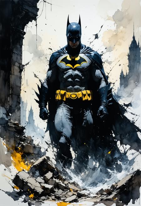 Batman in a monochrome storm, his cape a tidal wave of ink swallowing a crumbling Gotham penthouse (extreme low angle, horizon tilted). Sin City’s nihilist edge: the world is shredded newsprint and India ink, the glowing sulfur-yellow Bat-symbol. Frank Miller’s chiaroscuro hones his silhouette: block-jawed cowl, cape hooks sharp as blades. Rain like slashes of white, dissolving into the void below.