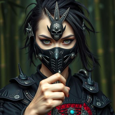 1girl, beautiful pwoman, black hair, short messy hair, 25 yo,, ((beautiful smile))), black lips,(exotic dancer on a stage :0.9), detailed eyes, photorealistic eyes, distance shoot, green eyes, black eye shadow, eye liner, big eyelashes, A photorealistic full-body vertical portrait of a fierce emo samurai girl with pale skin and sharp, aggressive features. She wears intense goth makeup: heavy black eyeliner, dark eyeshadow, and a cold, defiant gaze. Her expression is intimidating and powerful. She dons a dark, gothic-style mengu mask with spiked elements, skull motifs, and intricate metallic engravings. Her tribal-style samurai armor is infused with goth-punk aesthetics—black leather, crimson velvet inlays, turquoise threadwork, and jagged ornamental patterns. Her stance is strong and confrontational in a moonlit bamboo forest. The atmosphere is moody and cinematic, with soft bokeh, dramatic lighting, and a grainy 16mm film look. Highly detailed, rich in emo and goth influence, with no text or letters in the image.

Simulating Kodak Ektacolor Pro 160, with a custom white balance at 5500K. cinematic lighting, analog film, film grain, kodak chrome, cool cinematic tones,high contrast, sharp details, with moody lighting that adds depth,. (cinematic atmosphere:1.3), deep photo, depth of field, (black hair)), , (ambient occlusion), (cinematic lighting:1.3), (4K image quality:1.3), (sharp detail:1.3), (highly realistic:1.3), (dim warm cinematic lighting:1.3)