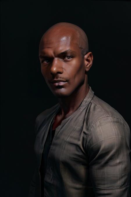 <lora:rhyheimsv3:1> rhyheims, black man, bald, dark skin, brown eyes, professional studio quality modeling headshot, 4K, simple dark background, dramatic lighting, neutral expression, realistic skin, fine detail, shirt, ultra realistic photograph, professional photograph, by Gucci photographer.