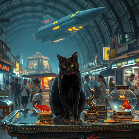 Setting is a futuristic shopping market at night in a huge domed building at night, the market is comprised of street vendors selling robot parts, food, weapons, and robots.  (((((CLASSICALLY STYLIZED LIGHTING AND ARCHITECTURE FROM CHINA INDIA JAPAN FRANCE EGYPT ROME AND GREECE))))), A gold fish bowl is on the table with a cat-fish) People wearing futuristic cyberpunk clothing are walking through the street market shopping and eating, A sleek black cat with red collar sits on a cluttered metal riveted desk with transparent top and micro-LED lighted computer components visible inside, On the desk is an ebony and gold maneki neko statue and futuristic art deco lighting, (((a beautiful woman, 24 years old, is standing in the foreground FACING THE VIEWER, she has an expression of interested curiosity)))))), the sleek black cat with red collar is sitting on the desk and watching the people walking by in the busy street market, the woman is dressed in futuristic cyberpunk ECLECTIC style yukata with a low neck line alluring aesthetic. An enormous art deco inspired starship with futuristic lighting and an enormous space station are visible in the background among the stars, The woman's hair is elegantly tied up with a ribbon. Artistic cyberpunk, dynamic perspective, (((overall architectural aesthetic is Art Deco Cyberpunk))).  Epic image that elicits a feeling of wonder and awe,
