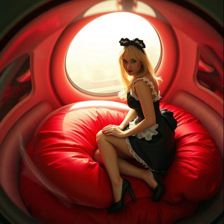 Beautiful blonde french maid is seen through giant observation blister of flying saucer. She wears flirty black glossy satin outfit and high heels, kneeling fully encased in transparent slime egg, laying at giant red satin pillow in center of flying saucer cabin.  Cinematic film still, shot on v-raptor XL, film grain, vignette, color graded, post-processed, cinematic lighting, 35mm film, live-action, best quality, atmospheric, a masterpiece, epic, stunning, dramatic. view  from above, view outside flying saucer