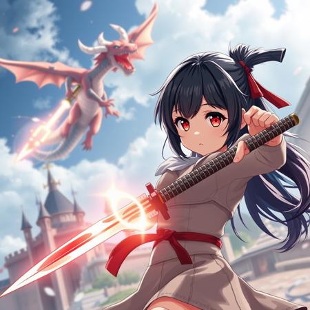 ((Top Quality, 8k, Masterpiece: 1.3)), (Photos, real:1.5), 美女、idol, imouto, kawaii, ((petite)), ultra-detailed face, students, unkempt black hair, armed clothes, skirt, ultra-detailed eyes, (soft), ((petite)), (((A fighter jumping high in the air, preparing to strike))), ((Fiction, A dragon flying over a castle, battling a brave Magical girl with a glowing sword)),  close-up, professional photograph,