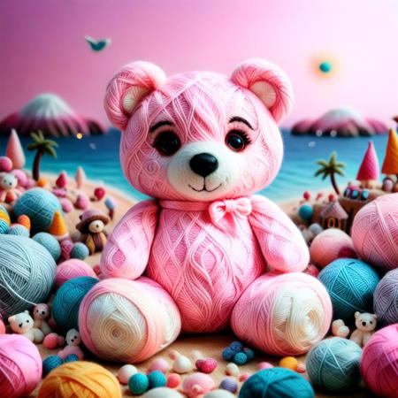 lazympos, depth of field, hyperrealistic, masterpiece, intrincate details, yrnwrld
pink teddy bear made of yarn, glowing details, yarn patterned surface, pink theme, pastel colors, gradient pink, pink beach background