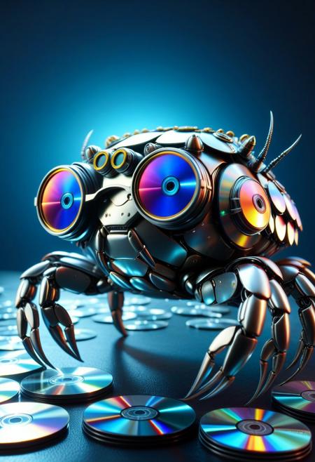 made of cd's, (Countless CDs:1.3), closeup cute small mecha crab, wear round goggles, from side, on cd player, cinematic, cinematic lighting, (masterpiece, best quality:1.4), ultra-high res, 4k, Photorealistic, insanely detailed, sfw,