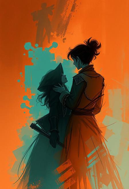 A dynamic digital sketch in warm terracotta and cool teal depicting a whispered conversation between Madame X and an artist. Rough, painterly strokes, misty atmosphere, dramatic lighting.  Focus on rich textures and atmospheric details, evoking a fantasy scene with movement and depth. Concept art style.