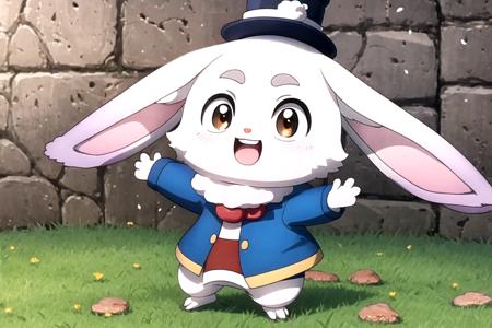 (masterpiece), (best quality), (detailed background, best lighting), ultra-detailed, highly detailed, (((blush))), solo, (happy), (smile),
<BRAKE>
on stone, on grass, (colorful flowers), shadow, sunlight, warm, side lighting,
<BRAKE>
(emull), furry, rabbit, rabbit ears, open mouth, teeth, looking at viewer, blue jacket, hat, standing,  <lora:Emul_00_02:1>