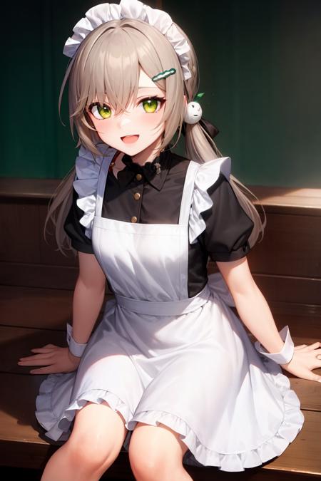 masterpiece, best quality, <lora:qingque-mver:1>, green eyes, 1girl, solo, maid, maid headdress, hair ornament, smile, looking at viewer, long hair, apron, choker, open mouth, twintails, hairclip, sitting, dress, short sleeves, blush, maid apron, frills, black choker, brown hair, grey hair, bangs, black dress, wrist cuffs, :d, hair between eyes