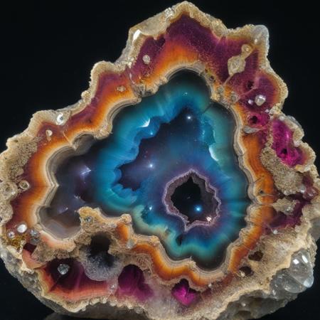 An extremely colorful galactic nebula within the edges of the crystal cuts of a ornately crafted geode, deep color, baroque, filigree