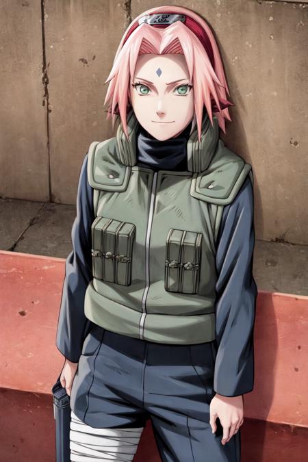 sakura warshippuden, woman, masterpiece, best quality, absurdres, standing ,  pale skin,  smile, sadism,  frown, bandaged leg,  black pants, green eyes, green vest, long sleeves, bangs,  forehead protector, shinobi symbol, forehead mark,  looking at viewer, from above,  outdoors, blue sky, sun,   <lyco:BetterHands:1.0>,   <lora:DetailLora:1>, <lora:sakura_shippuden:1>