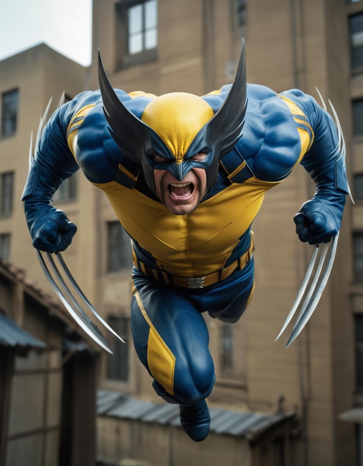 Wolverine in action, wearing blue and yellow, with his mouth open and claws out.