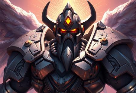 Create a highly detailed digital artwork of Reinhardt from Overwatch, with a focus on a close-up of the character's junk-robot appearance. The artwork should feature a full-body shot of Reinhardt in a grey suit, with a large bust and intricate details. Incorporate a halberd and torn wing VFX elements, and draw inspiration from the styles of Tim Hildebrandt, Laurie Greasley, and Jordan Grimmer. The artwork should have a cosmic, heavenly feel, with god rays and detailed, intricate details. Aim for a photorealistic style with micro details, and output the artwork in 4K HD.