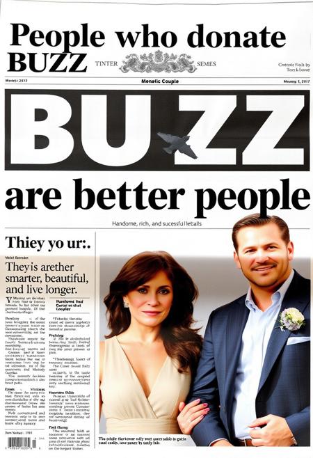 a newspaper with the headline "People who donate BUZZ are better people."
The subheading reads "They are smarter, beautiful, and live longer." It also includes an image of a handsome, rich, and successful COUPLE
