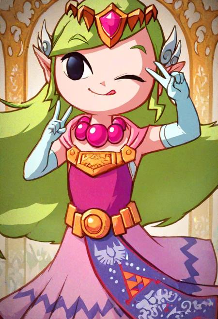 score_9, score_8_up, score_7_up, score_6_up, source_cartoon, WindWakerStyle, 1girl, child, Toon Zelda, smile, licking lip, one eye closed, v, peace sign to eye, dress, elbow gloves, head ornaments, jewelry, royal palace background, detailed background