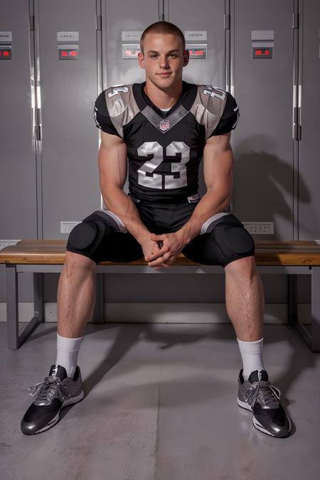 in an American football locker room, (sitting on a bench), legs spread open, BrandonBangs, American football player wearing American football uniform, American football shoulder pads, (black jersey:1.3), (silver gray football pants and pads:1.3), (black socks:1.2), (sneakers:1.2), slight smile, (((full body portrait))), full body shot, wide angle   <lora:BrandonBangs:0.8>