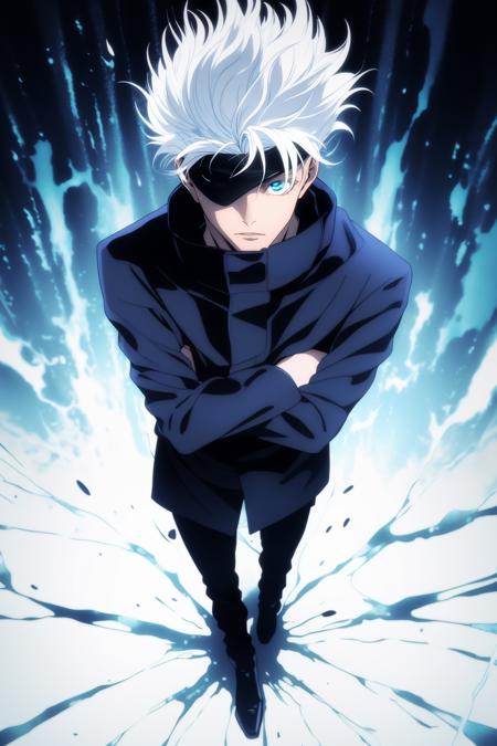 gojou satoru, 1boy, full body, white hair, blue eyes, looking at viewer,  parted lips, high collar, looking at viewer, black pants, standing, closed mouth, facing viewer, short hair, high collar, shoes, black blindfold
 <lora:Kim_gojou satoru:1>