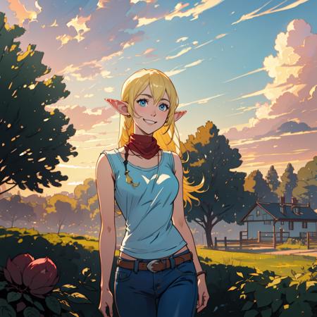 (tuka_luna:1.2),upper_body,1girl,elf,elf_ears,solo,blonde_hair,very_long_hair,smiling,happy,blue_eyes,white_shirt,white_tank_top,bow,denim,jeans,pointy_ears,absurdres,hires eyes <dalcefo,dal,realistic, masterpiece,sfw, crystalline,sharp focus,hard edge, breathtaking, hyperrealism,max details,HDR,UHD,DTM,bloom,chromatic aberration, ambient occlusion,dim light, 8k, 4k, finely detailed face,victorian era style, detailed digital painting in the style of Mandy Jurgens,Rachel Walpole style,Malgorzata Kmiec style,wlop style,greg rutkowski style,Terada Katsuya style, Studio Ghibli style, trending on pixiv, aestheticism, anime, anime aesthetic, artstation hd)>, (highly detailed garden background with trees,clouds,sunrays), ,<lora:Tuka_Luna_Marceau_LoRa:0.8>