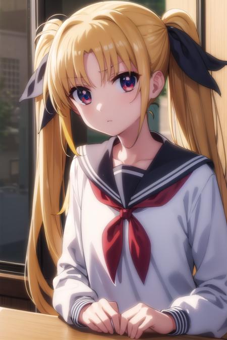 fatetestarossa, <lora:fate testarossa movie2-lora-nochekaiser:1>,
fate testarossa, long hair, blonde hair, (red eyes:1.3), twintails, hair ribbon,
BREAK long sleeves, school uniform, serafuku, shirt, white shirt, white sailor collar,
BREAK indoors, classroom,
BREAK looking at viewer, (cowboy shot:1.5),
BREAK <lyco:GoodHands-beta2:1>, (masterpiece:1.2), best quality, high resolution, unity 8k wallpaper, (illustration:0.8), (beautiful detailed eyes:1.6), extremely detailed face, perfect lighting, extremely detailed CG, (perfect hands, perfect anatomy),