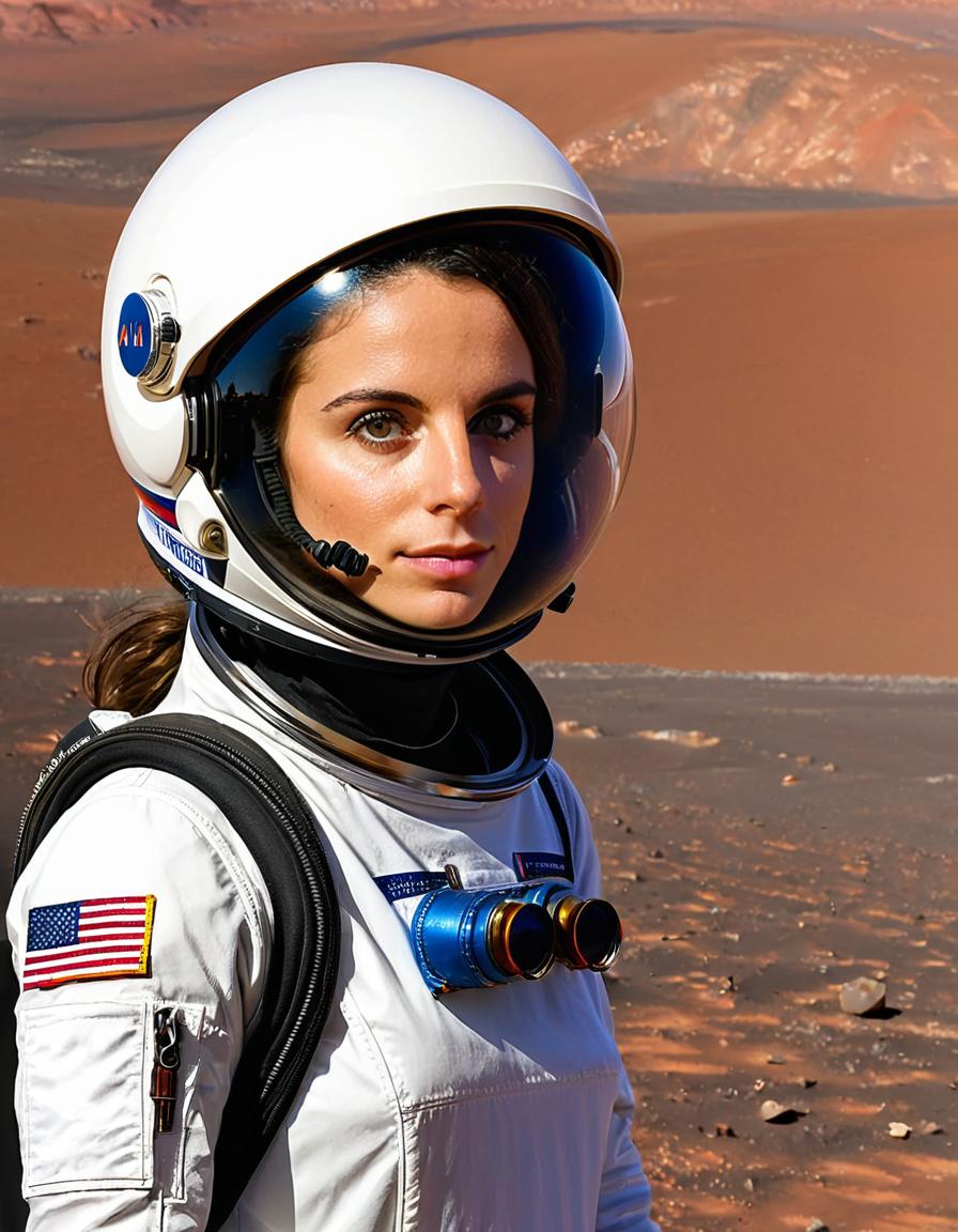 <lora:m1r4mur4t1_SDXL_SGX:0.9>,(medium closeup) photograph of (beautiful 25 year old) (m1r4mur4t1:1.2) woman with dark hair,as an astronaut,wearing a spacesuit with clear helmet,standing on the plains of Mars,with a (Mars Rover:1.4) behind her,planting a flag in the martian regolith,posing for a dramatic historic photograph, face focus,(bokeh),facing viewer,rich details,clear shadows and highlights,realistic,highly detailed,