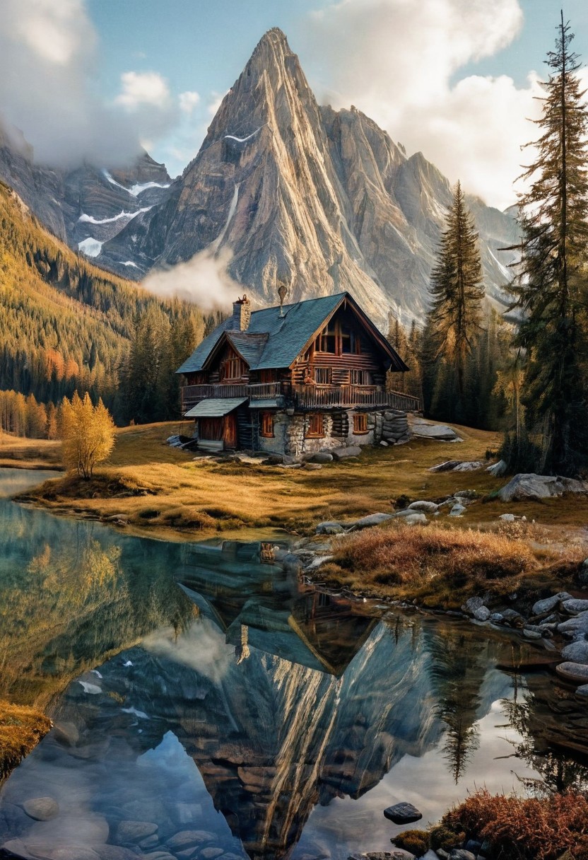 their peaks veiled in mist. mixed media, surrealism, great lighting, A surreal landscape highly detailed . extremely high-resolution details,  appears trapped in an optical illusion of reflections and refractions colorful , mountain cabin, professional photography, natural lighting, volumetric lighting maximalist. intricately detailed, complex, elegant, expansive, fantastical, film photography style,  medium grain